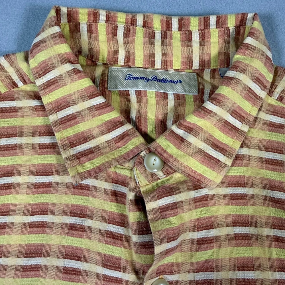 Tommy Bahama Mens Short Sleeve Button Down Shirt Yellow Orange Plaid Size L
